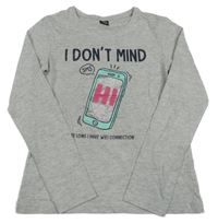 Sivé melírované tričko s mobilem a nápismi Y.F.K.