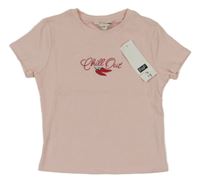 Nové - světlerůžové žebrované crop tričko s chilli papričkami F&F