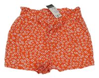 Nové - červeno-bilé kvietkovane paper bag kraťasy s opaskom PRIMARK