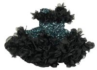 Černo-modrozelené saténovo/tylové slavnostní šaty s flitry 