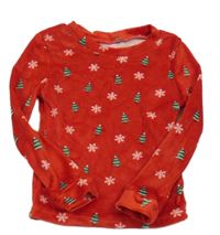 Červené plyšové pyžamové triko se stromky a vločkami
