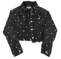 Černá riflová crop bunda s výšivkami květin New Look