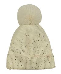 Smetanová pletená čepice s perlami a kamínky