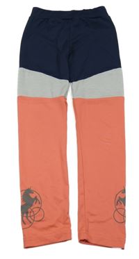 Tmavomodro-korálovo-sivé športové legíny s jednorožcami Topolino