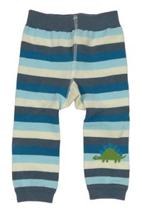 Modro-smetanovo-petrolejové pruhované punčocháče bez šlapiček s dinosaurem