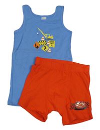 2set - Modrý nátělník se stavebními stroji + červené boxerky s Bleskem McQueenem