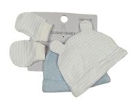 Nové - 3set - Světlemodrá bavlněná čepice s hvězdami + bílá pruhovaná + rukavičky Dunnes