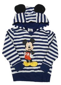 Bielo-tmavomodrá pruhovaná mikina s Mickeym a kapucňou