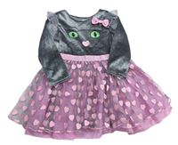 Kockovaným - Sivo-ružové šaty s mačkou a srdiečkami Tu