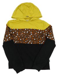 Žlto-hnedo-čierna mikina s leopardím vzorom a kapucňou