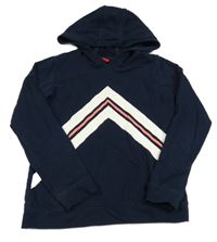 Tmavomodro-bielo-korálová mikina s pruhom a kapucňou