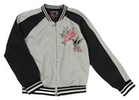 Světlešedo-černý šusťákový jarní bomber s kvetmi a vtáčikom