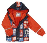 Červeno-tmavomodrá voděodolná zateplená bunda s autobusy a kapucí Lupilu