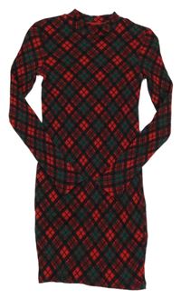 Červeno-zeleno-čierne kockované rebrované šaty H&M