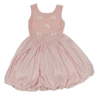 Svetloružová -biele rebrované šaty s mašľami a kostkovanou sukní Shein