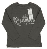 Nové - Antracitové tričko s nápisom a korunkou F&F