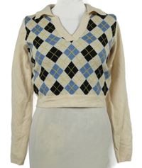 Dámský béžovo-modro-černý károvaný crop svetr Shein 