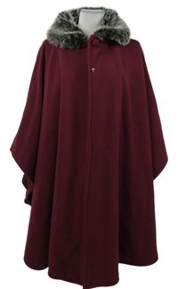 Dámské vínové flaušové kabátové pončo s odepínacím kožíškem C&A