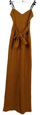 Dámský hořčicovo-černý proužkovaný palazzo kalhotový overal s páskem 