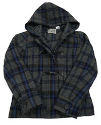 Šedo-černo-modrá kostkovaná vlněná zateplená bunda s kapucí 