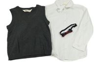 Nové - 3set- bílá košile+ šedá pletená vesta+ motýlek H&M