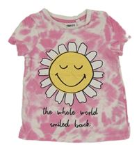 Růžovo-bílé batikované tričko s květinou a nápisem SMILEY WORLD