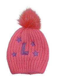 Dámská neonově růžová pletená čepice s nášivkami a bambulí