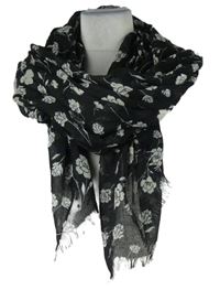 Dámský černý šátek s kvetmi a strapcemi