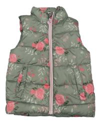 Khaki šušťáková prešívaná zateplená vesta s kvetmi Dopodopo