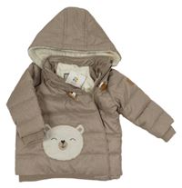 Nové - Svetlohnedá melírovaná prešívaná šušťáková zimná bunda s medvěďom a kapucňou Topomini