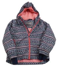 Tmavo-světlemodro-růžová vzorovaná šusťáková funkční lyžařská bunda s kapucí crivit