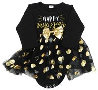 Čierne šatové body s nápisem, mašlou a puntíkatou tylovou sukní