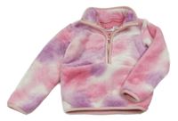 Ružovo-biela batikovaná chlpatá zateplená bunda so stojačikom