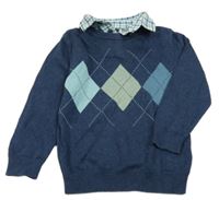 Tmavomodrý sveter s kárami a košeľovým golierom Next