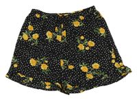 Černo-bílo-žluté květované puntíkaté kraťasy Primark