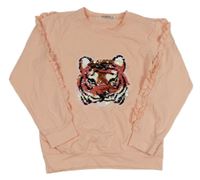 Světlerůžová mikina s tygrem z flitrů a volánky 