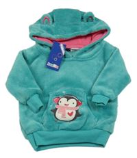 Nové - Tyrkysová plyšová mikina s tučňákem a kapucňou Lupilu