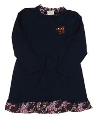 Tmavomodré svetrové šaty s kvietkovanymi volániky S. Oliver