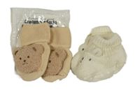 Nové - 2set - Smetanové pletené capáčky + béžové ponožky s medvídkem 
