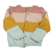 Starorůžovo-světlerůžovo-hořčicovo-mátový propínací svetr s volánky F&F