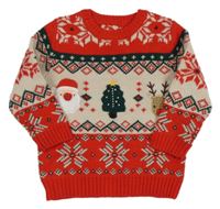 Červeno-smotanový vzorovaný vianočný sveter so Santou a stromčekom a sobom George