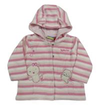 Ružovo-svetloružová -biela pruhovaná fleecová prepínaci mikina s medvedíkmi a kapucňou s uškami Topolino