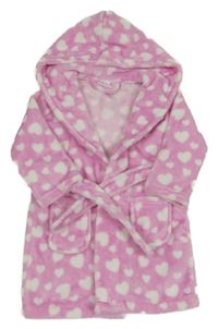 Růžový plyšový župan s bílými srdíčky a kapucí BABYTOWN