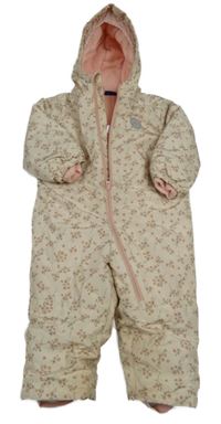 Světlepudrová šusťáková zimní kombinéza s kytičkami a kapucí lupilu