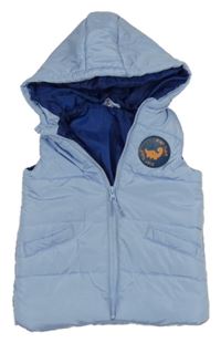 Svetlomodrá prešívaná šušťáková zateplená vesta s nášivkou a kapucňou so cute