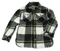 Čierno-bielo-tmavozeleno-žltá kockovaná vlnená košeľová bunda H&M