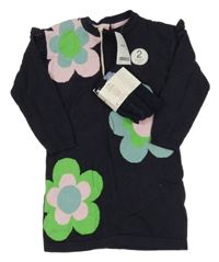 Nové - 2Set - Tmavomodré pletené šaty s kvetmi a volánky + pančuchy Next