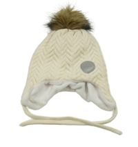 Smetanová vzorovaná vlněná zavazovací čepice s nášivkou a bambulí reima