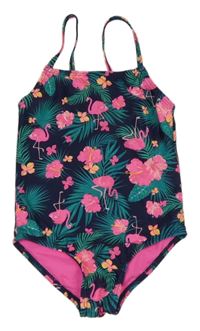 Tmavomodré jednodílné plavky s plameňáky a lístečky dopodopo