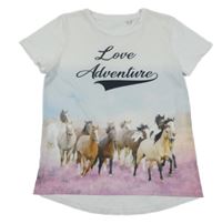 Bílo-světlemodro-růžové tričko s koníky a nápisy C&A